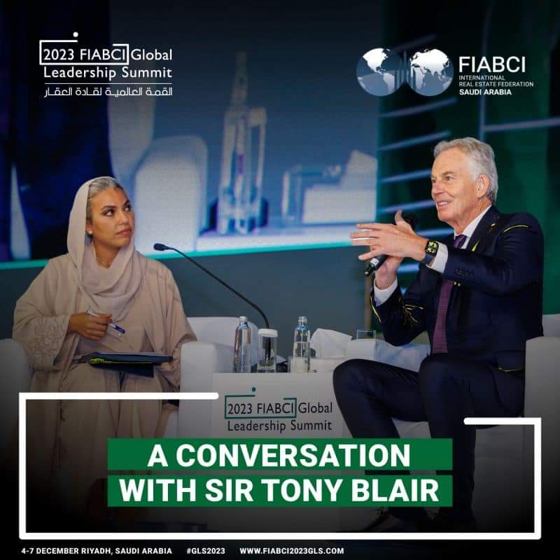Tony Blair delivering strategic leadership talk on governance continuity at FIABCI Summit Riyadh 2023 