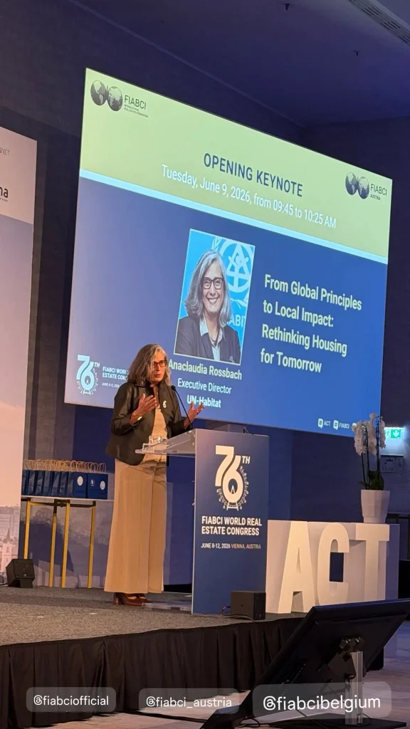 Anacláudia Rossbach delivering keynote speech on affordable housing at FIABCI World Congress Vienna 2026