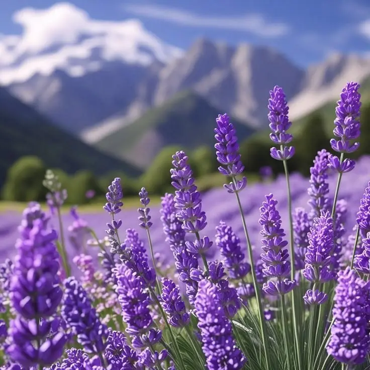 Lavender fields in Bulgaria stretching across the countryside in vibrant purple rows.