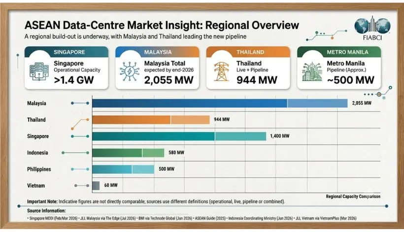 REI-backed ASEAN data centre investment capacity map showing Singapore, Malaysia, Thailand, Indonesia, Philippines and Vietnam in 2026