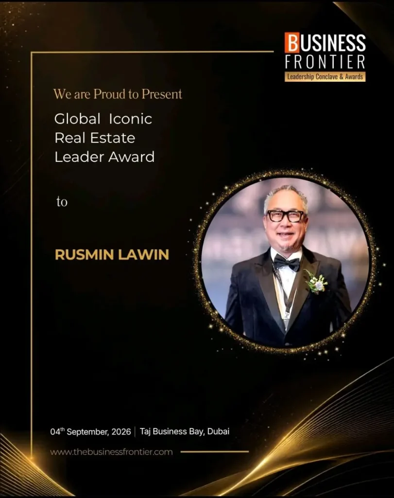 Business Frontier Leadership Conclave & Awards graphic announcing the Global Iconic Real Estate Leader Award for Rusmin Lawin, Taj Business Bay, Dubai, 4 September 2026